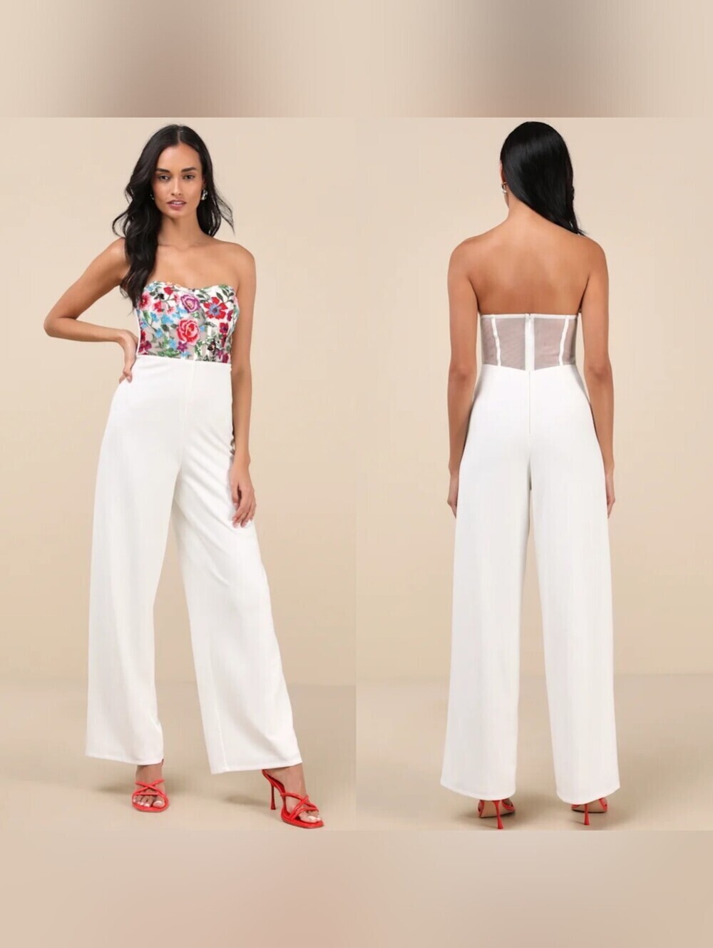 Lulus Remarkable Energy White Floral Embroidered Strapless Jumpsuit L Wedding